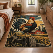 Rooster Farm Equipment Collage area rug shown in a bedroom