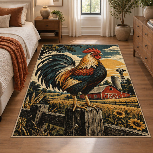 Rooster Farm Equipment Collage area rug shown in a bedroom