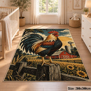 Rooster Farm Equipment Collage area rug shown in a nursery