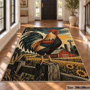 Rooster Farm Equipment Collage area rug shown in a foyer