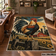 Rooster Farm Equipment Collage area rug shown in a home office