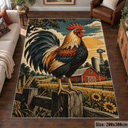 Rooster Farm Equipment Collage area rug shown in a living room