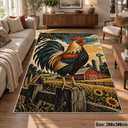Rooster Farm Equipment Collage area rug shown in a lounge