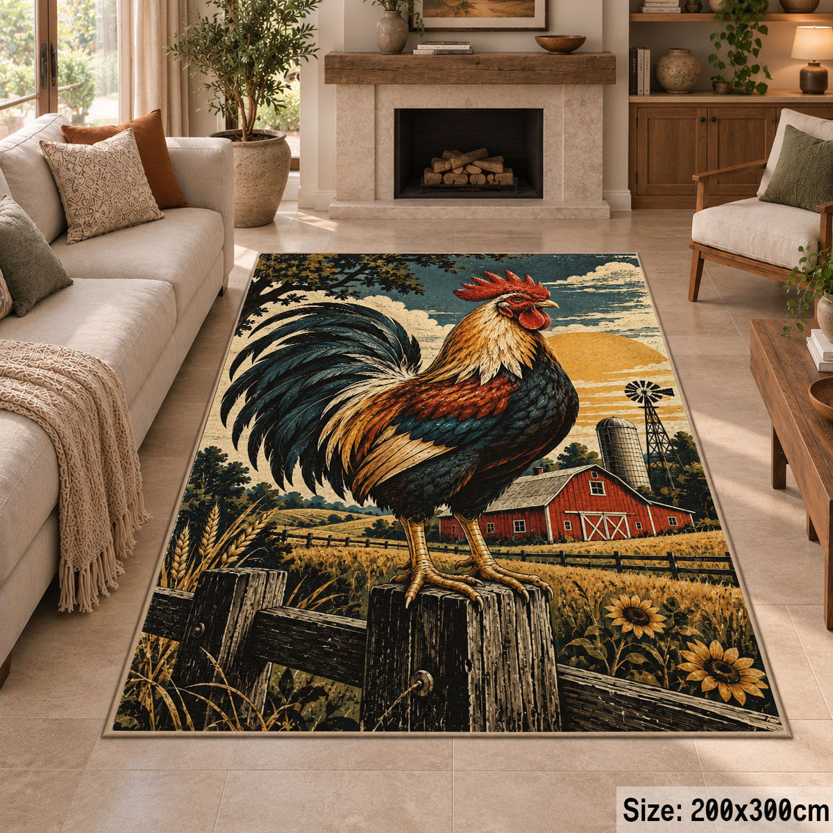 Rooster Farm Equipment Collage area rug shown in a sitting room