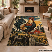 Rooster Farm Equipment Collage area rug shown in a sitting room