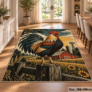 Rooster Farm Equipment Collage area rug shown in a dining room