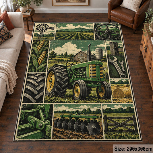 Vintage Tractor Field Grid area rug shown in a living room