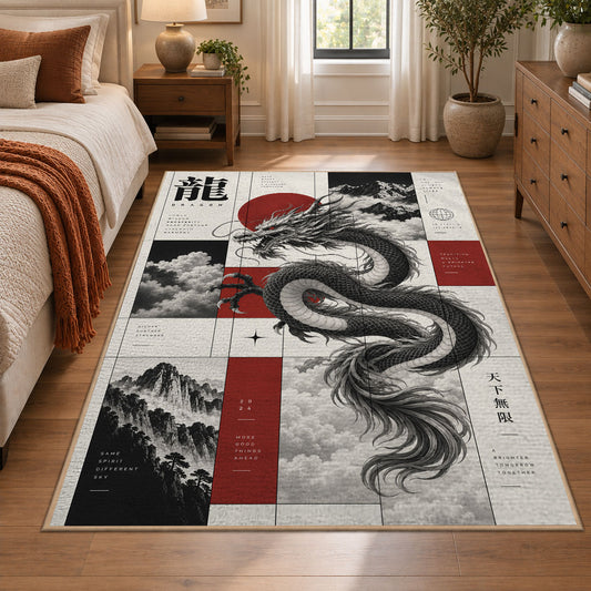Ink Dragon Graphic area rug shown in a bedroom