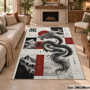 Ink Dragon Graphic area rug shown in a sitting room