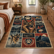 Dog Portrait Adventure Grid area rug shown in a bedroom