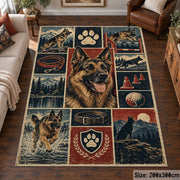 Dog Portrait Adventure Grid area rug shown in a living room