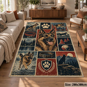 Dog Portrait Adventure Grid area rug shown in a lounge