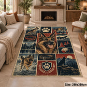 Dog Portrait Adventure Grid area rug shown in a sitting room