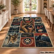 Dog Portrait Adventure Grid area rug shown in a dining room