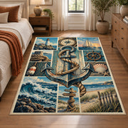 Nautical Anchor Patchwork area rug shown in a bedroom
