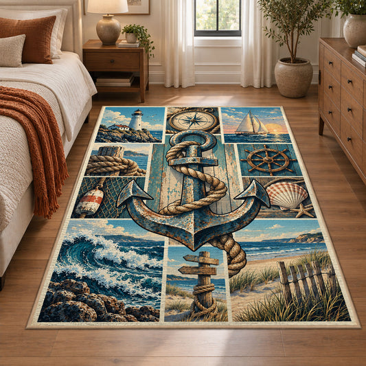 Nautical Anchor Patchwork area rug shown in a bedroom