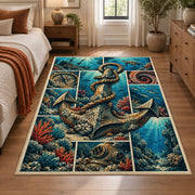 Ocean Anchor Collage area rug shown in a bedroom