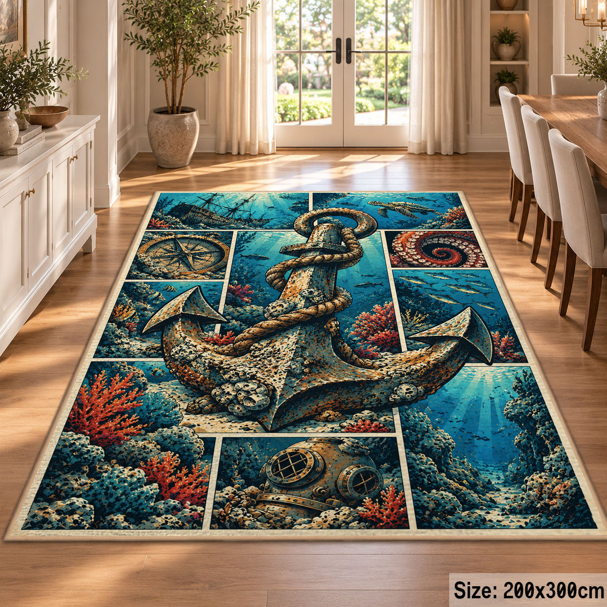 Ocean Anchor Collage area rug shown in a dining room