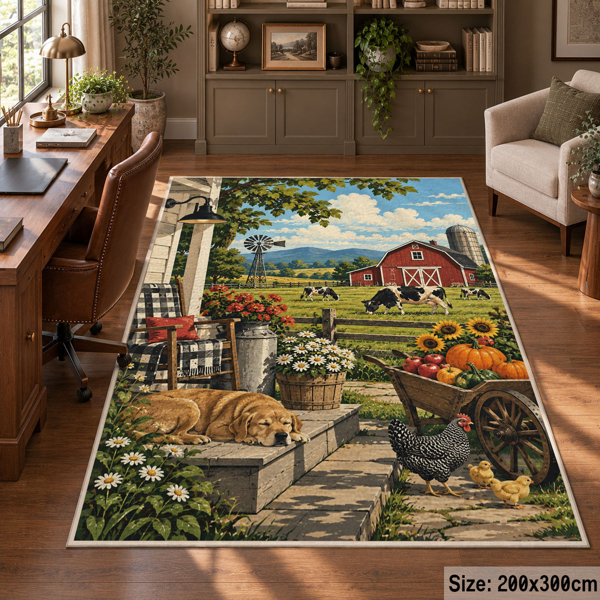 Farm Harvest Still Life area rug shown in a home office
