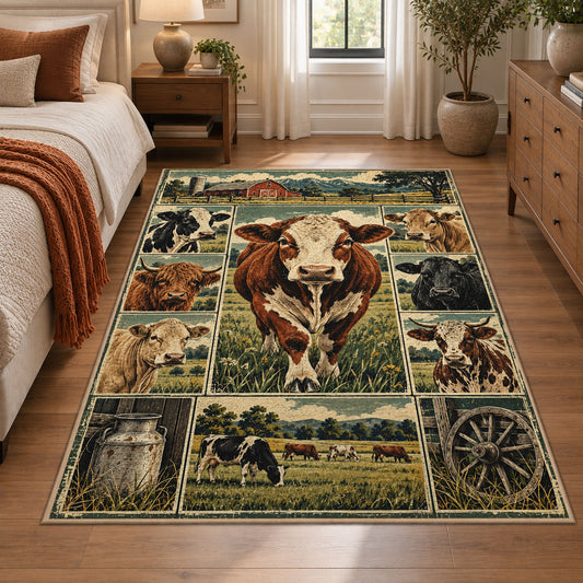 Cow Farm Heritage Grid area rug shown in a bedroom