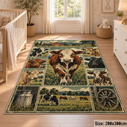 Cow Farm Heritage Grid area rug shown in a nursery