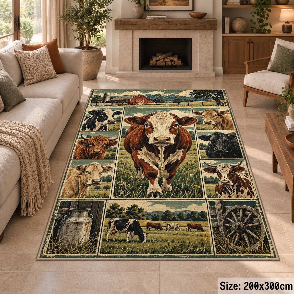 Cow Farm Heritage Grid area rug shown in a sitting room