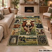 Cow Farm Heritage Grid area rug shown in a sitting room