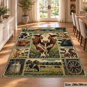 Cow Farm Heritage Grid area rug shown in a dining room