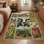 Countryside Cow Tractor Grid area rug shown in a bedroom