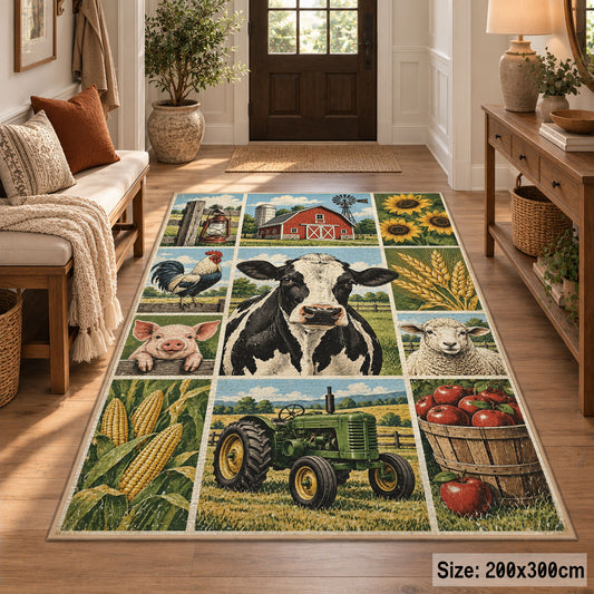 Countryside Cow Tractor Grid area rug shown in a entryway