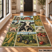 Countryside Cow Tractor Grid area rug shown in a foyer