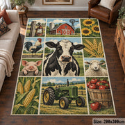 Countryside Cow Tractor Grid area rug shown in a living room