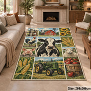 Countryside Cow Tractor Grid area rug shown in a sitting room