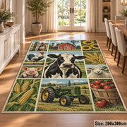 Countryside Cow Tractor Grid area rug shown in a dining room
