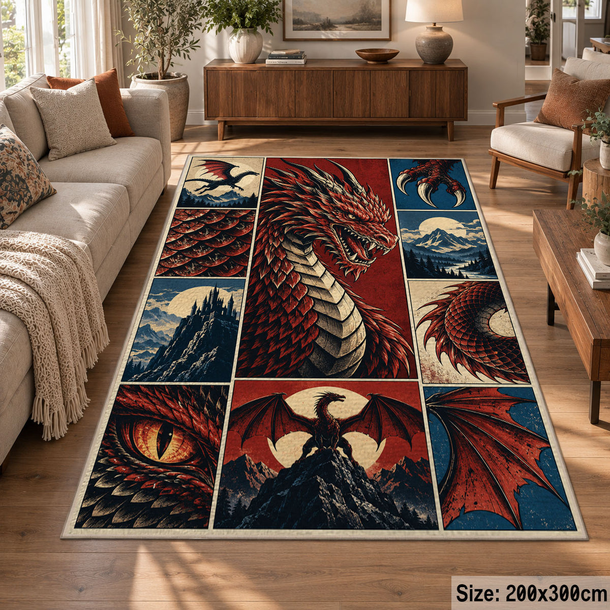 Red Dragon Fantasy Grid area rug shown in a lounge