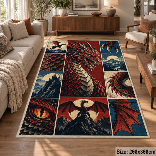 Red Dragon Fantasy Grid area rug shown in a lounge