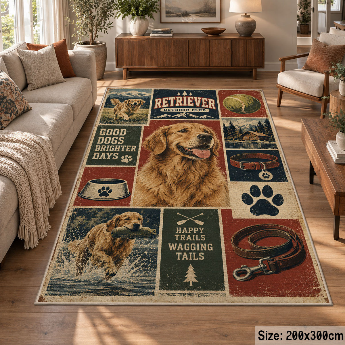 Dog Lover Adventure Collage area rug shown in a lounge