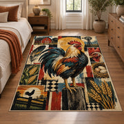 Rooster Sunrise Farm Grid area rug shown in a bedroom