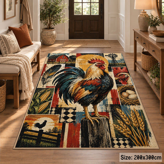 Rooster Sunrise Farm Grid area rug shown in a entryway