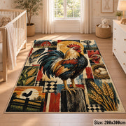 Rooster Sunrise Farm Grid area rug shown in a nursery
