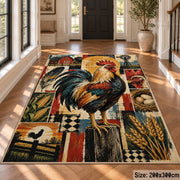 Rooster Sunrise Farm Grid area rug shown in a foyer