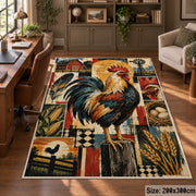 Rooster Sunrise Farm Grid area rug shown in a home office