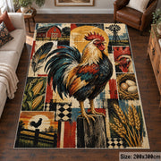 Rooster Sunrise Farm Grid area rug shown in a living room