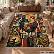 Rooster Sunrise Farm Grid area rug shown in a lounge