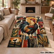 Rooster Sunrise Farm Grid area rug shown in a sitting room