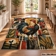 Rooster Sunrise Farm Grid area rug shown in a dining room