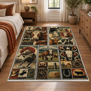Rustic Farm Tools Patchwork area rug shown in a bedroom