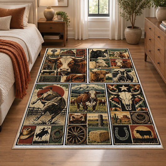 Rustic Farm Tools Patchwork area rug shown in a bedroom