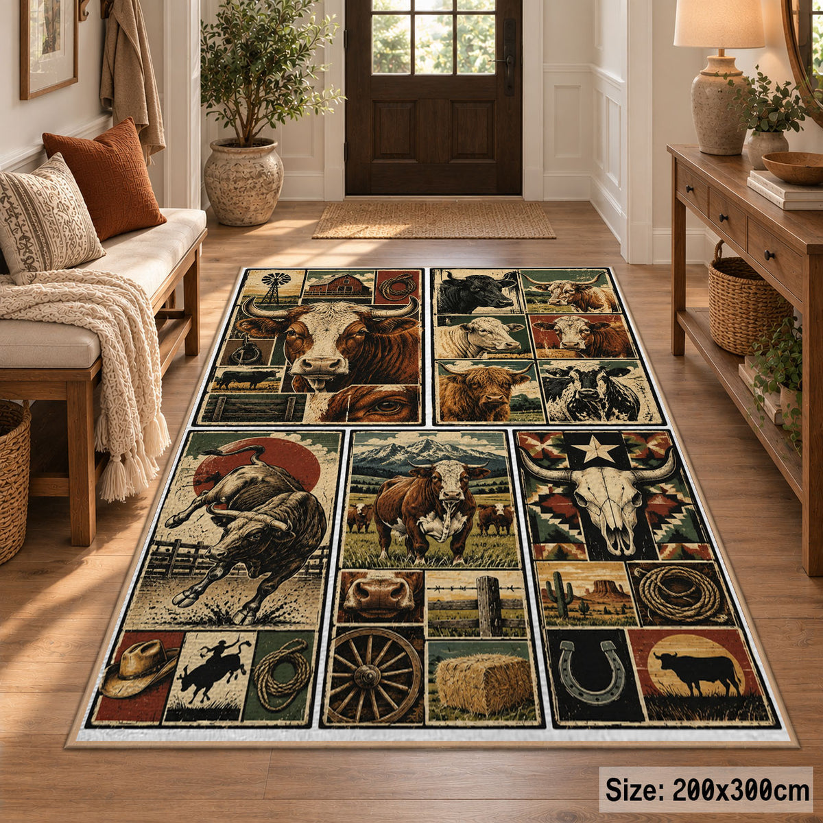 Rustic Farm Tools Patchwork area rug shown in a entryway