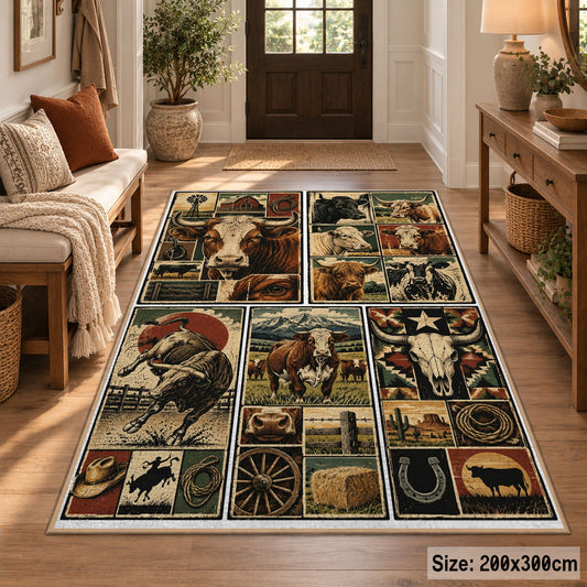 Rustic Farm Tools Patchwork area rug shown in a entryway